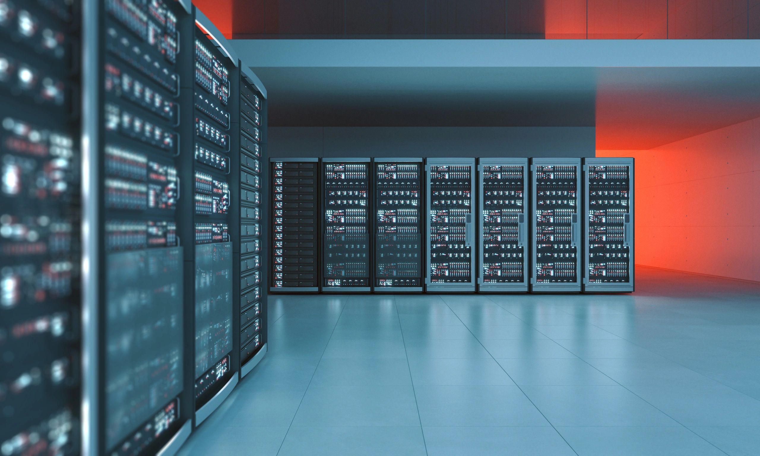 Modern server racks in a clean data center environment
